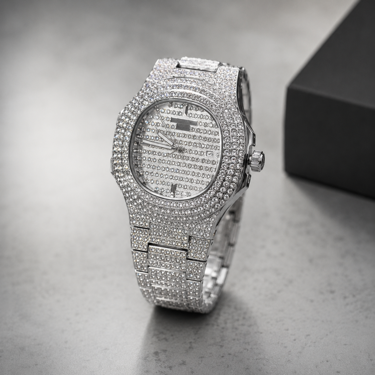 Noble Edge Iced Silver Luxury Watch – Full Crystal Edition