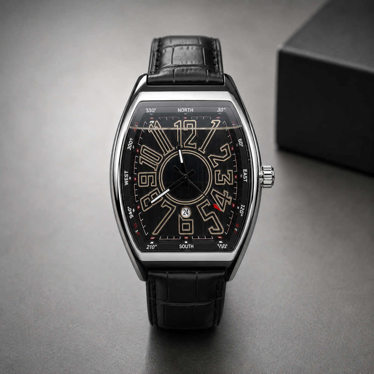 Noble Edge Tonneau Black Dial Luxury Watch – Black Leather