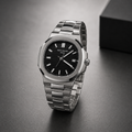 Noble Edge Luxury Black Dial Stainless Steel Watch – Silver Edition