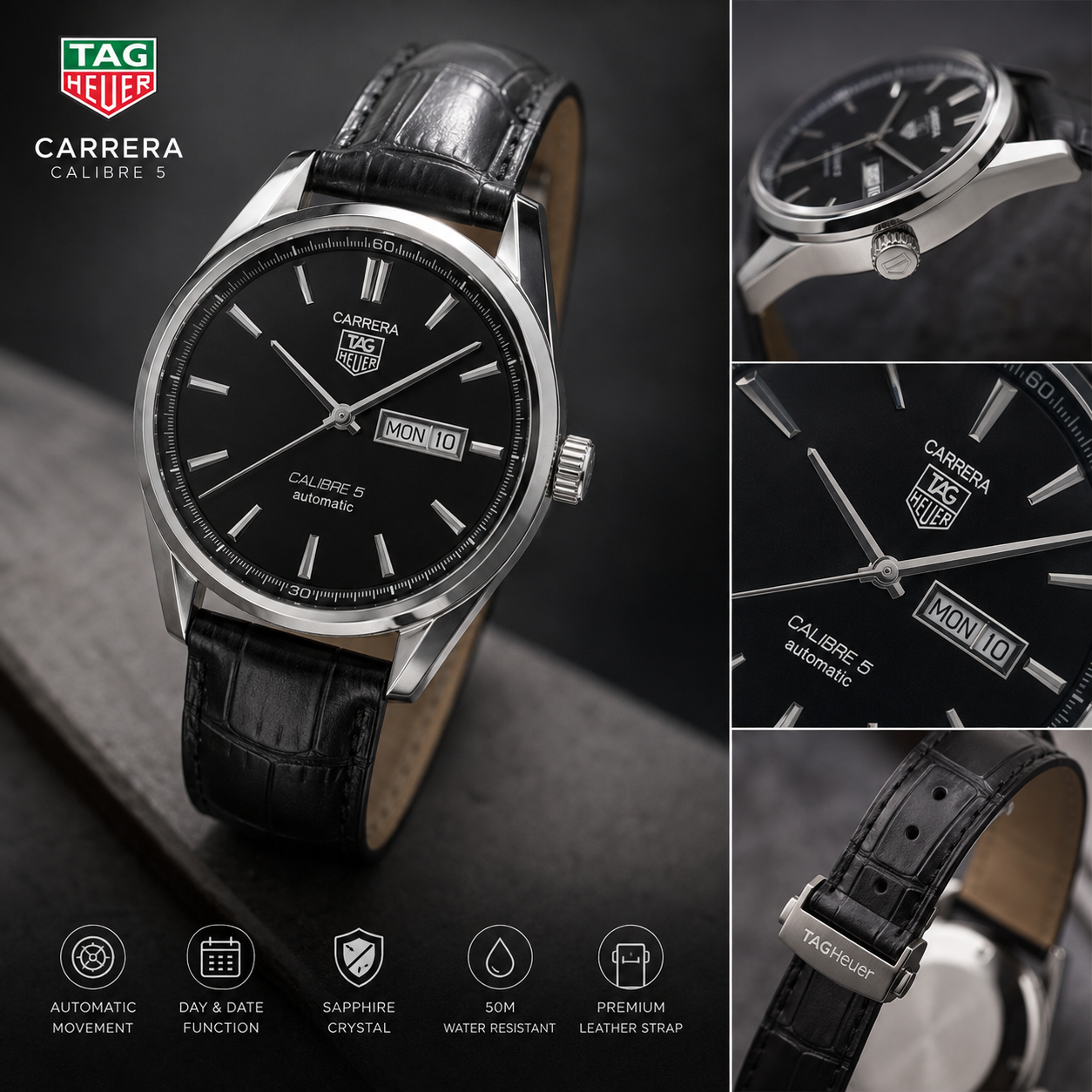 Noble Edge Classic Black Dial Automatic Watch – Leather Strap